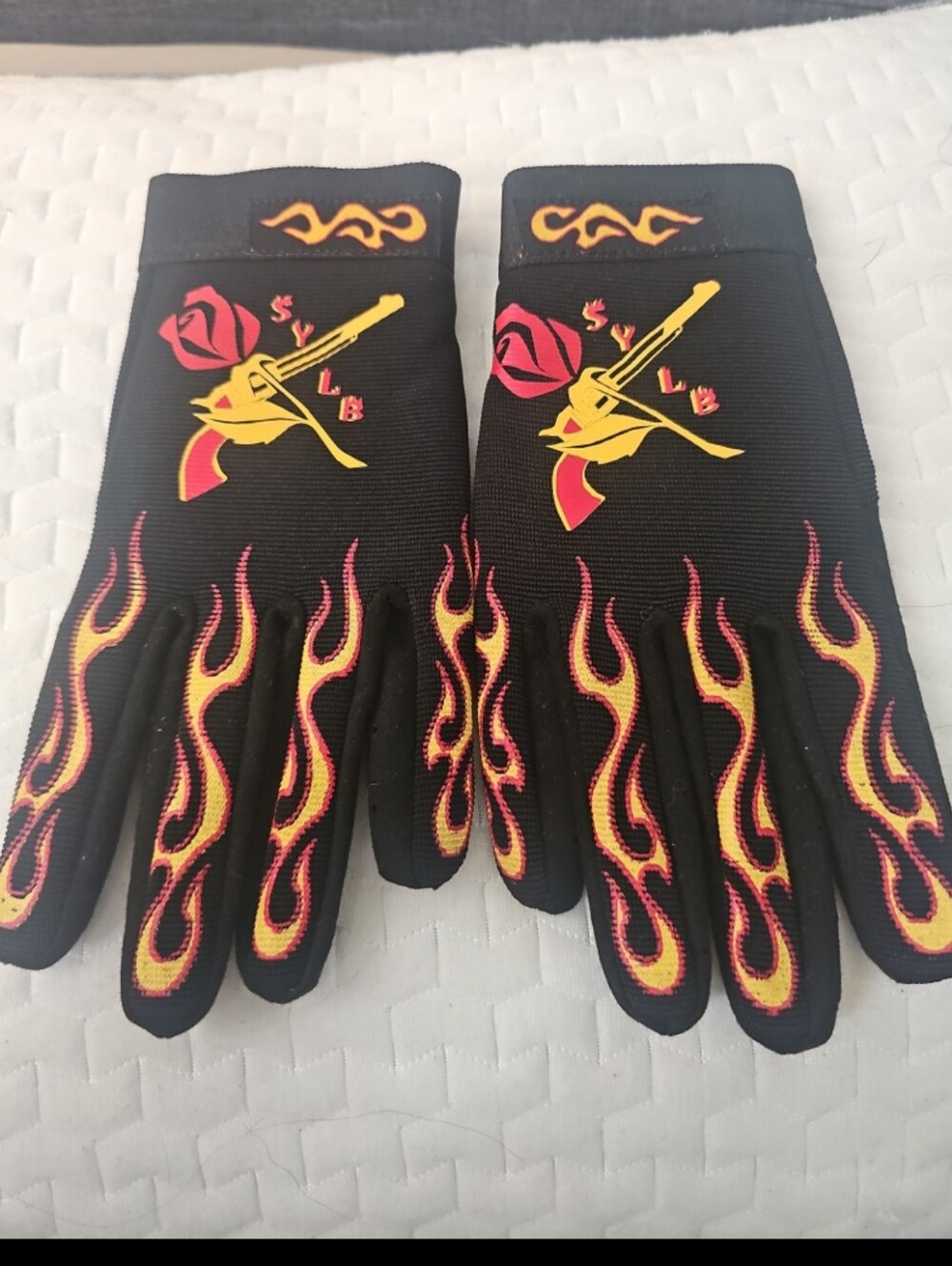 Men's Black Flame Print Utility Gloves with Yellow & Red Accents Motocycle